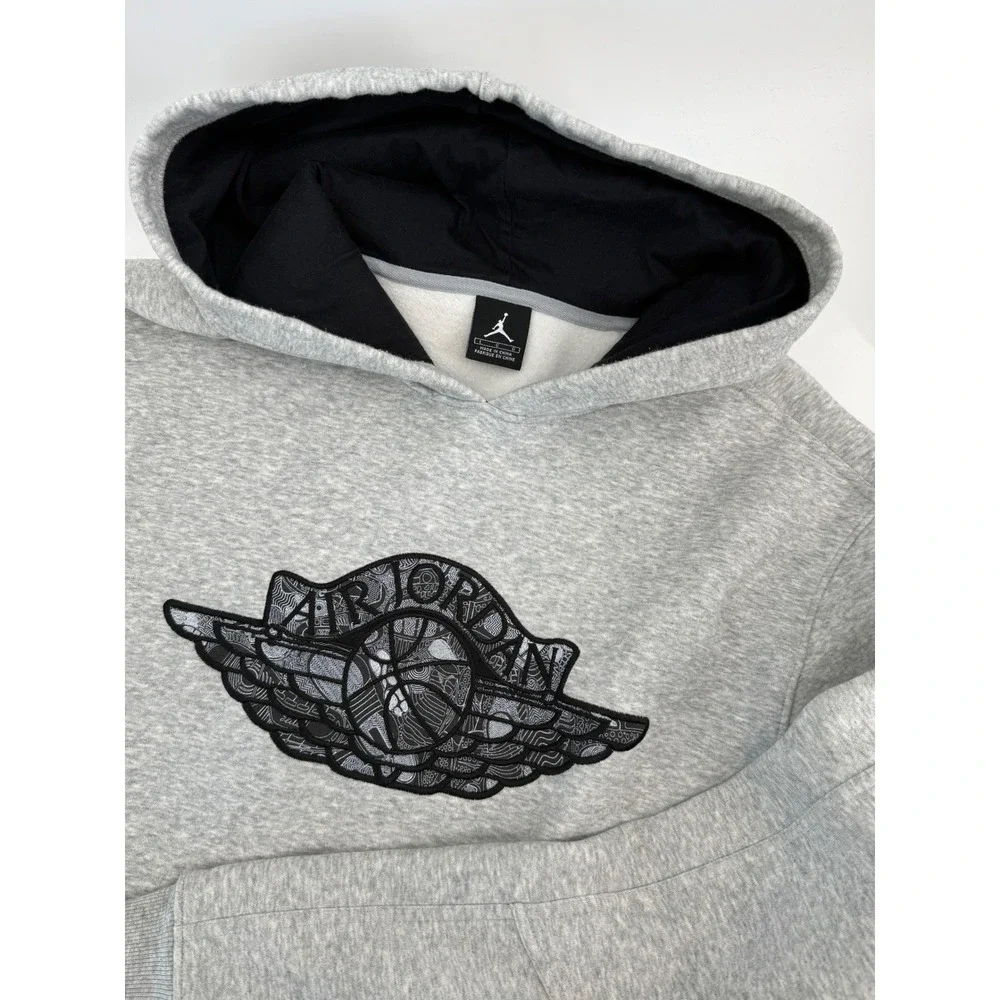 Jordan Mens Air Jordan Wings Logo Fleece Hoodie Gray Black Large Pullover